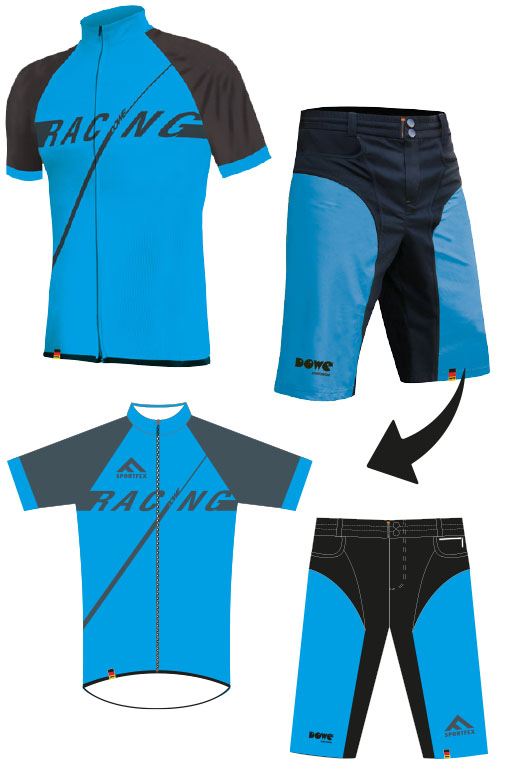 Blaues Kollektionsware-Trikot und Kollektionswaren-Hose - ein geschwungener Pfeil deutet die Erweiterung dieser Produkte an, und als Folge sind darunter zwei blaue Kleidungsstücke mit Branding zu sehen.