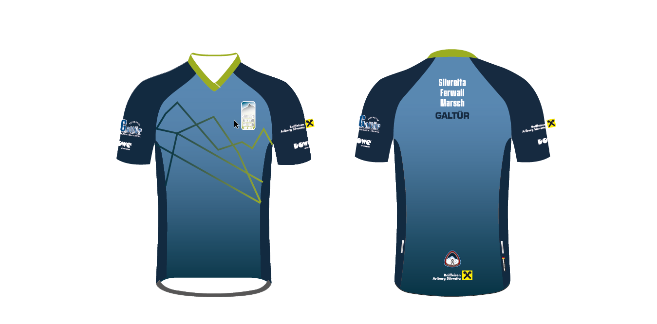 Dowe Sportswear - blaue Tshirts mit grünem Kragen und dunkleren Ärmeln. Laufshirts mit Logos und Muster auf der Brust (Netz-Muster)
